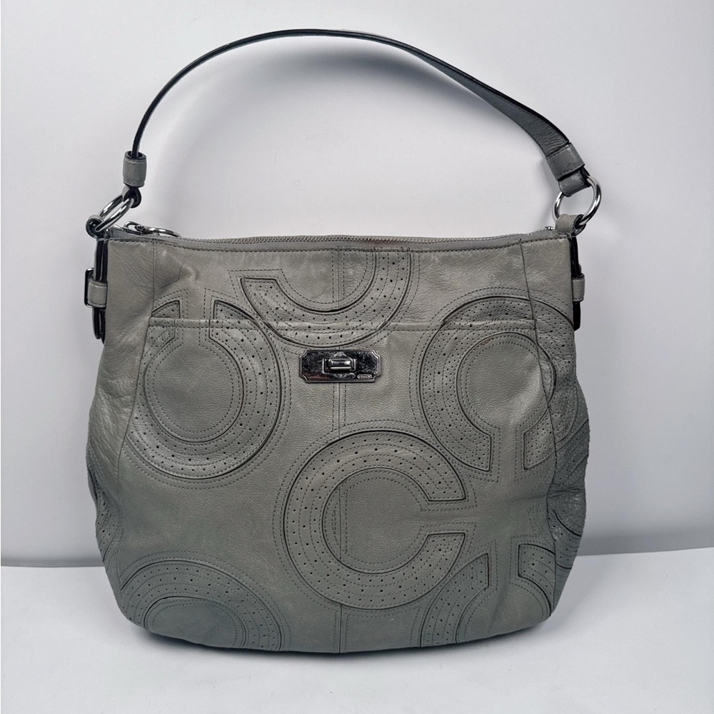 Coach Gray Leather Hobo Bag Perforated Op Art C Shoulder Bag Vintage
